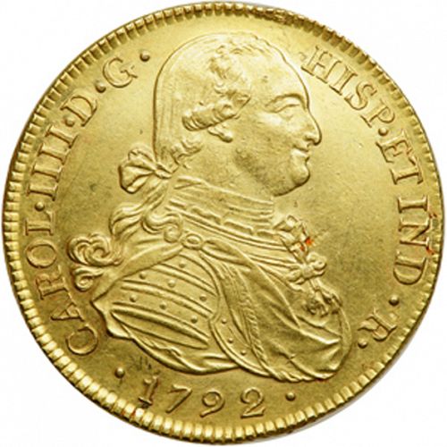 8 Escudos Obverse Image minted in SPAIN in 1792JF (1788-08  -  CARLOS IV)  - The Coin Database