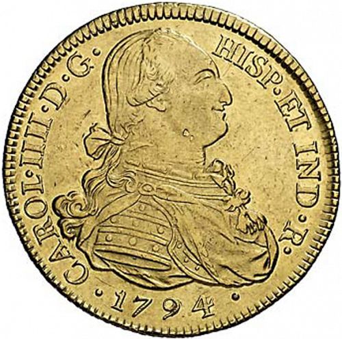 8 Escudos Obverse Image minted in SPAIN in 1794JF (1788-08  -  CARLOS IV)  - The Coin Database