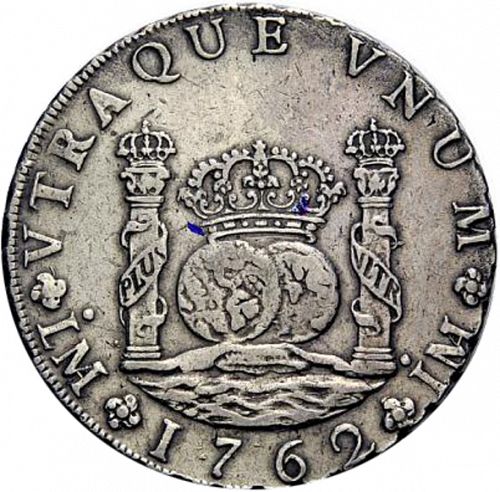 8 Reales Reverse Image minted in SPAIN in 1762JM (1759-88  -  CARLOS III)  - The Coin Database