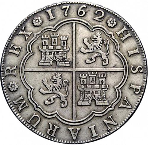 8 Reales Reverse Image minted in SPAIN in 1762JV (1759-88  -  CARLOS III)  - The Coin Database