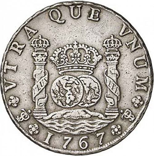8 Reales Reverse Image minted in SPAIN in 1767JR (1759-88  -  CARLOS III)  - The Coin Database