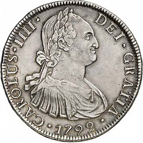 8 Reales Obverse Image minted in SPAIN in 1792DA (1788-08  -  CARLOS IV)  - The Coin Database