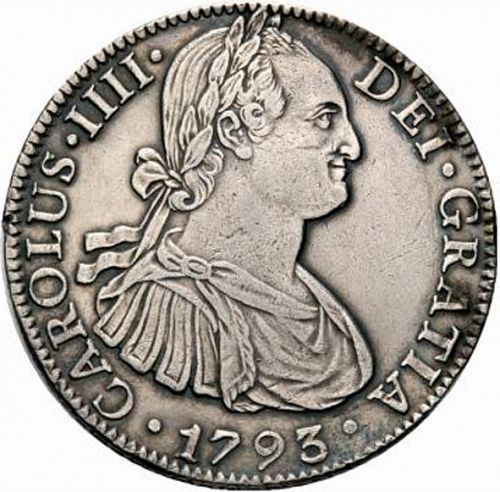 8 Reales Obverse Image minted in SPAIN in 1793FM (1788-08  -  CARLOS IV)  - The Coin Database