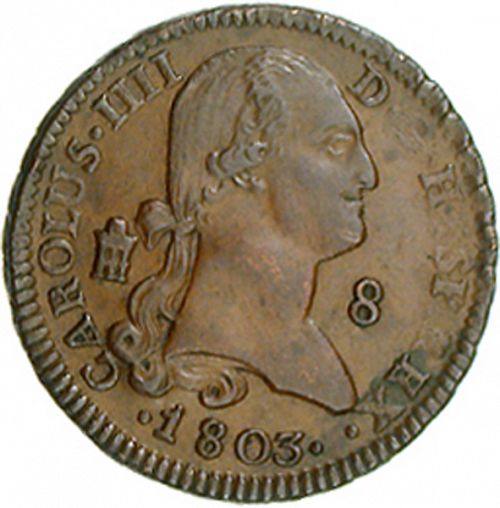 8 Maravedies Obverse Image minted in SPAIN in 1808 (1788-08  -  CARLOS IV)  - The Coin Database