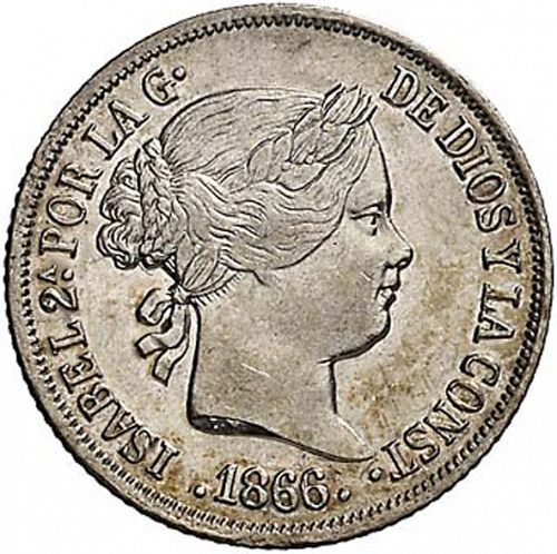 10 Céntimos Peso Obverse Image minted in SPAIN in 1866 (1833-68  -  ISABEL II - Philippines)  - The Coin Database
