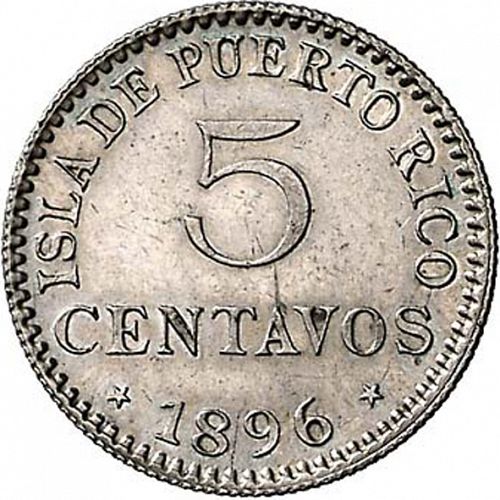 5 Centavos Peso Obverse Image minted in SPAIN in 1896 (1886-31  -  ALFONSO XIII - Puerto Rico)  - The Coin Database