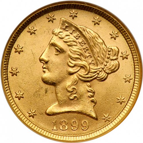 5 dollar Obverse Image minted in UNITED STATES in 1899 (Coronet Head - With motto)  - The Coin Database