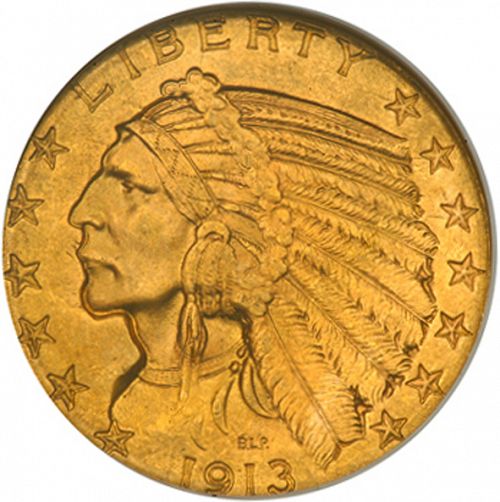 5 dollar Obverse Image minted in UNITED STATES in 1913 (Indian Head)  - The Coin Database