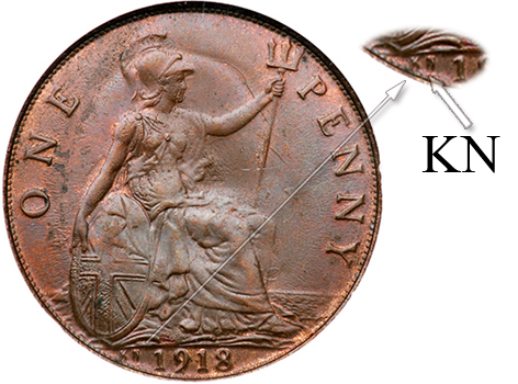 KN letters meaning this coin was minted in Kings Norton mint (one penny coin from 1918) displayed on the left of date