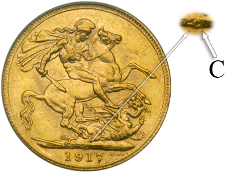C letter meaning this coin was minted in Ottawa mint (Sovereign coin from 1917) displayed on top of date below horseman and dragon