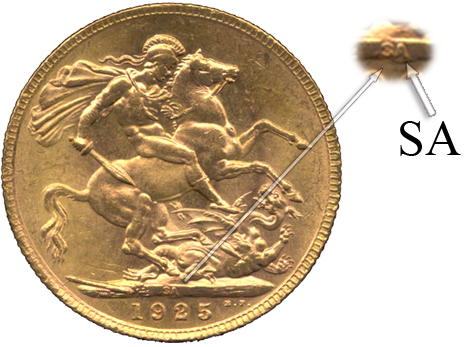 SA letters meaning this coin was minted in Pretoria mint (Sovereign coin from 1925) displayed on top of date below horseman and dragon