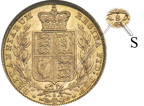 S letter meaning this coin was minted in Sydney mint (Sovereign coin from 1879) displayed at the bottom below wreath