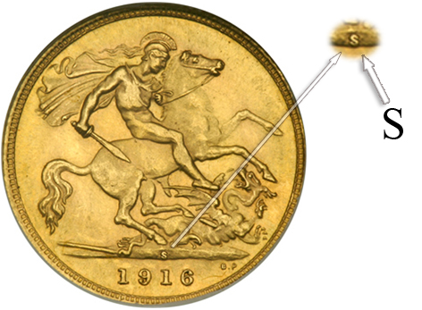 S letter meaning this coin was minted in Sydney mint (half sovereign coin from 1916) displayed on top of date below horseman and dragon