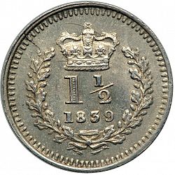 Large Reverse for Three Halfpence 1839 coin