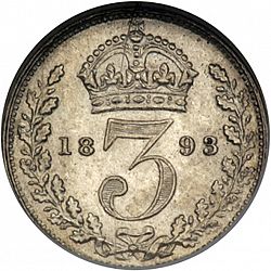 Large Reverse for Threepence 1893 coin
