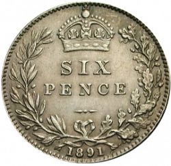 Large Reverse for Sixpence 1891 coin