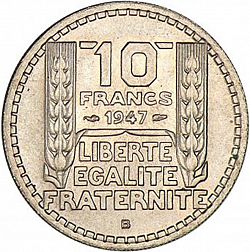 Large Reverse for 10 Francs 1947 coin