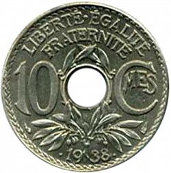 Large Reverse for 10 Centimes 1938 coin