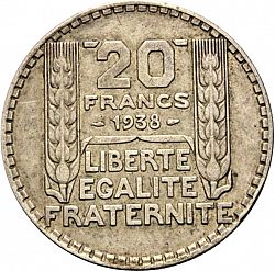 Large Reverse for 20 Francs 1938 coin