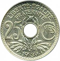Large Reverse for 25 Centimes 1939 coin