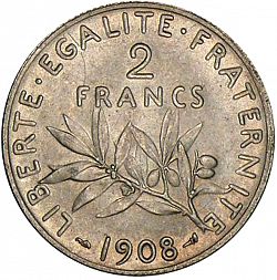 Large Reverse for 2 Francs 1908 coin