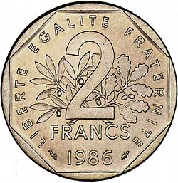 Large Reverse for 2 Francs 1986 coin