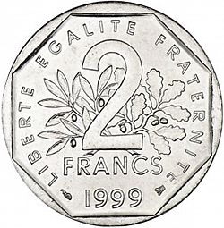 Large Reverse for 2 Francs 1999 coin