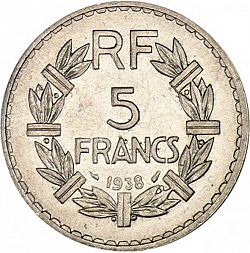 Large Reverse for 5 Francs 1938 coin