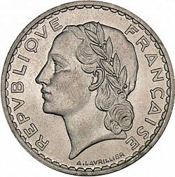 Large Obverse for 5 Francs 1949 coin