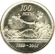 Large Reverse for 100 Pesetas 2001 coin