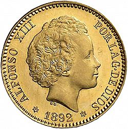Large Obverse for 20 Pesetas 1892 coin