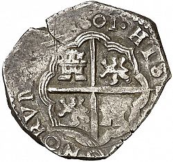 Large Reverse for 2 Reales 1601 coin