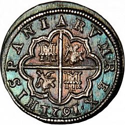 Large Reverse for 2 Reales 1621 coin