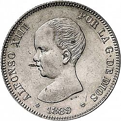 Large Obverse for 2 Pesetas 1889 coin