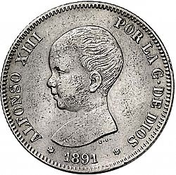 Large Obverse for 2 Pesetas 1891 coin
