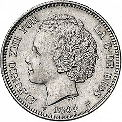 Large Obverse for 2 Pesetas 1894 coin