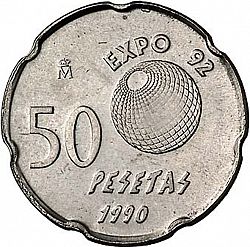 Large Reverse for 50 Pesetas 1990 coin