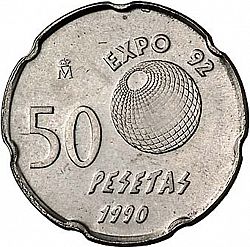 Large Reverse for 50 Pesetas 1990 coin