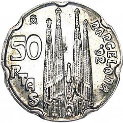 Large Reverse for 50 Pesetas 1992 coin
