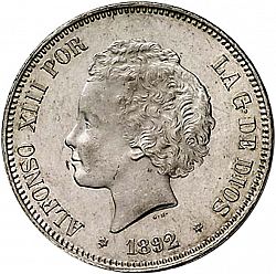 Large Obverse for 5 Pesetas 1892 coin