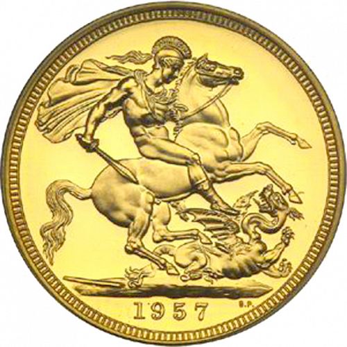 Sovereign Reverse Image minted in UNITED KINGDOM in 1957 (1953-up  -  Elizabeth II - Sovereign)  - The Coin Database