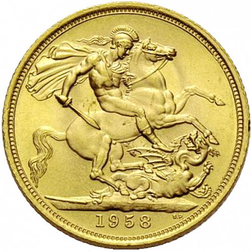 Sovereign Reverse Image minted in UNITED KINGDOM in 1958 (1953-up  -  Elizabeth II - Sovereign)  - The Coin Database