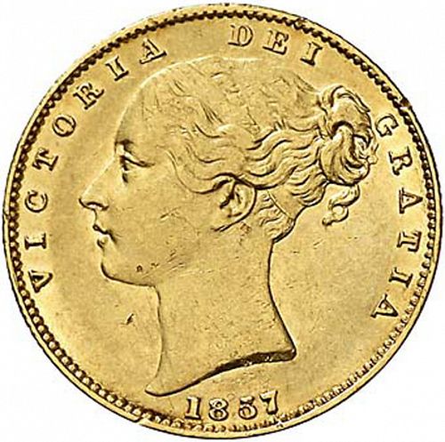Sovereign Obverse Image minted in UNITED KINGDOM in 1857 (1837-01  -  Victoria)  - The Coin Database