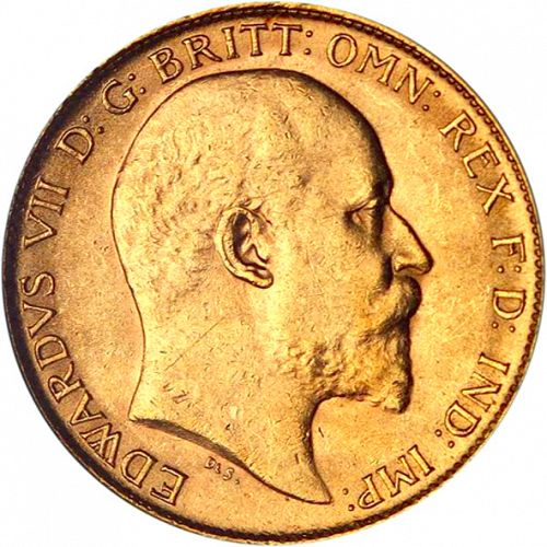 Half Sovereign Obverse Image minted in UNITED KINGDOM in 1908 (1902-10 - Edward VII)  - The Coin Database