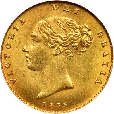 Half Sovereign Obverse Image minted in UNITED KINGDOM in 1855 (1837-01  -  Victoria)  - The Coin Database