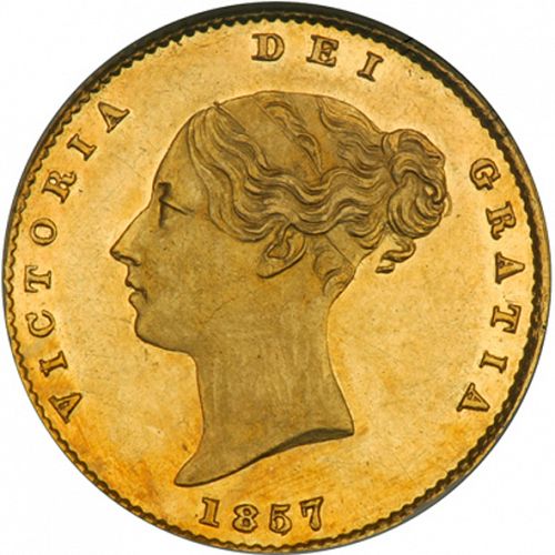 Half Sovereign Obverse Image minted in UNITED KINGDOM in 1857 (1837-01  -  Victoria)  - The Coin Database