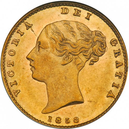 Half Sovereign Obverse Image minted in UNITED KINGDOM in 1858 (1837-01  -  Victoria)  - The Coin Database