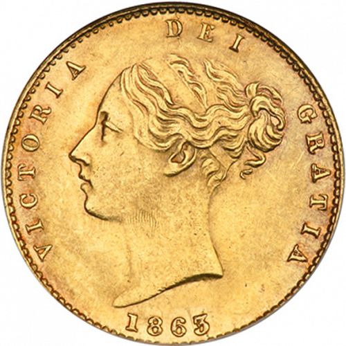 Half Sovereign Obverse Image minted in UNITED KINGDOM in 1863 (1837-01  -  Victoria)  - The Coin Database