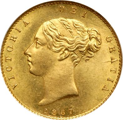 Half Sovereign Obverse Image minted in UNITED KINGDOM in 1867 (1837-01  -  Victoria)  - The Coin Database
