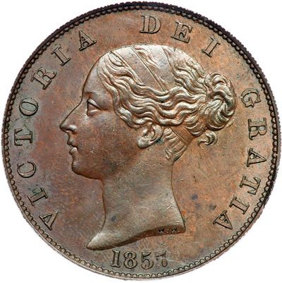 Halfpenny Obverse Image minted in UNITED KINGDOM in 1857 (1837-01  -  Victoria)  - The Coin Database